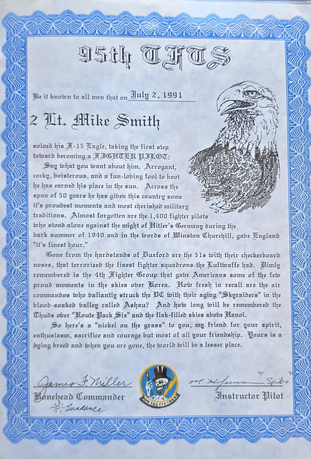 Certificate with a blue scalloped border headed 95th TFTS, with an eagle drawing, stating that on July 2, 1991, 2 Lt. Mike Smith soloed his F-15 Eagle, signed by the Bonehead Commander and an Instructor Pilot, with the 95th squadron patch