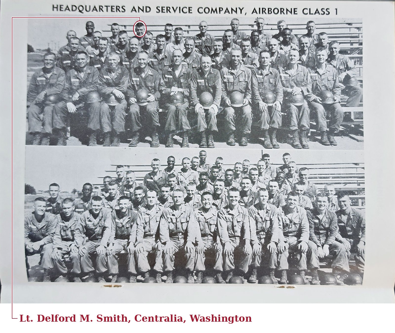 Classbook page titled Headquarters and Service Company, Airborne Class 1, with two group photographs of the class; in the upper photo one man in the top row, third from left, is circled, with the label Lt. Delford M. Smith, Centralia, Washington