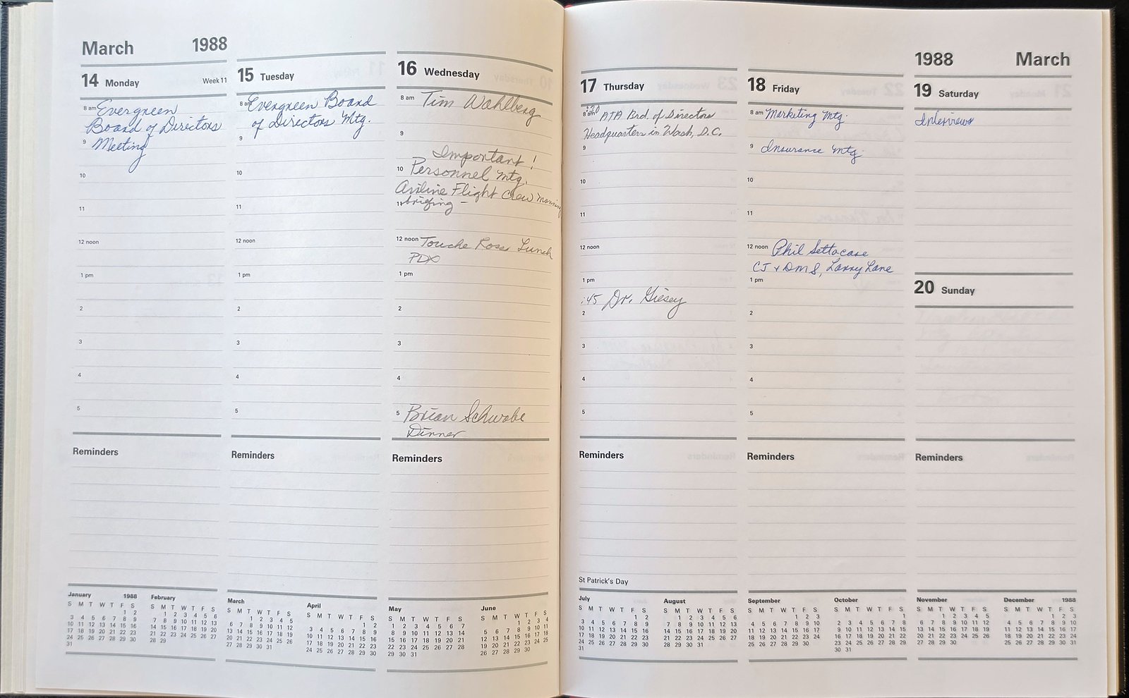 The 1988 diary open to the week of March 14 to 20, with Evergreen Board of Directors meetings on Monday and Tuesday