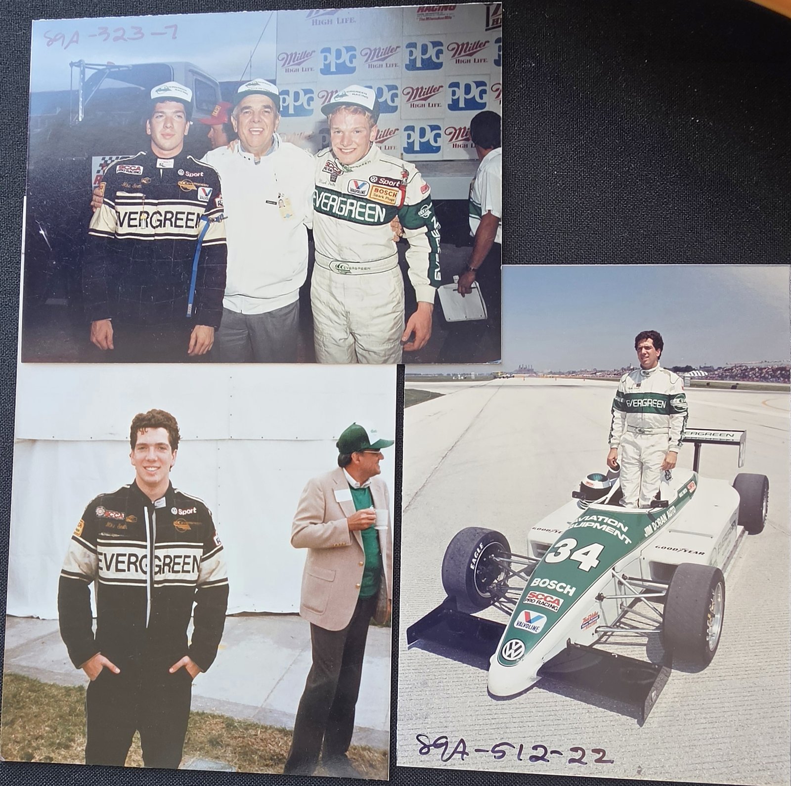 Three racing photographs: two drivers in Evergreen driving suits with an older man in front of a Miller High Life and PPG backdrop; a driver in a black and white Evergreen suit beside a man in a tan blazer and green cap; and a driver standing in the number 34 Evergreen, Bosch, SCCA Pro Racing formula car