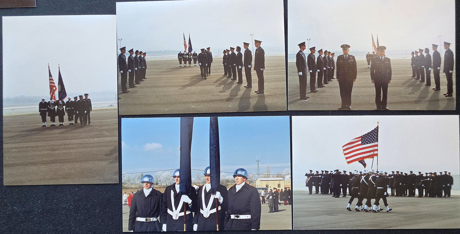 Five color prints of an honor guard and drill team with flags, rifles and chrome helmets on an airfield