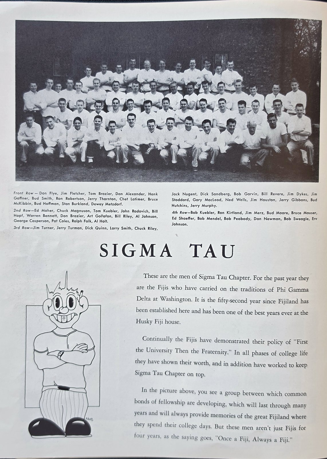 Magazine page with a group photograph of about fifty-five young men in white shirts in four rows in front of a brick house, a caption listing the men row by row, the heading Sigma Tau, a cartoon of a grinning student with crossed arms, and three paragraphs of text