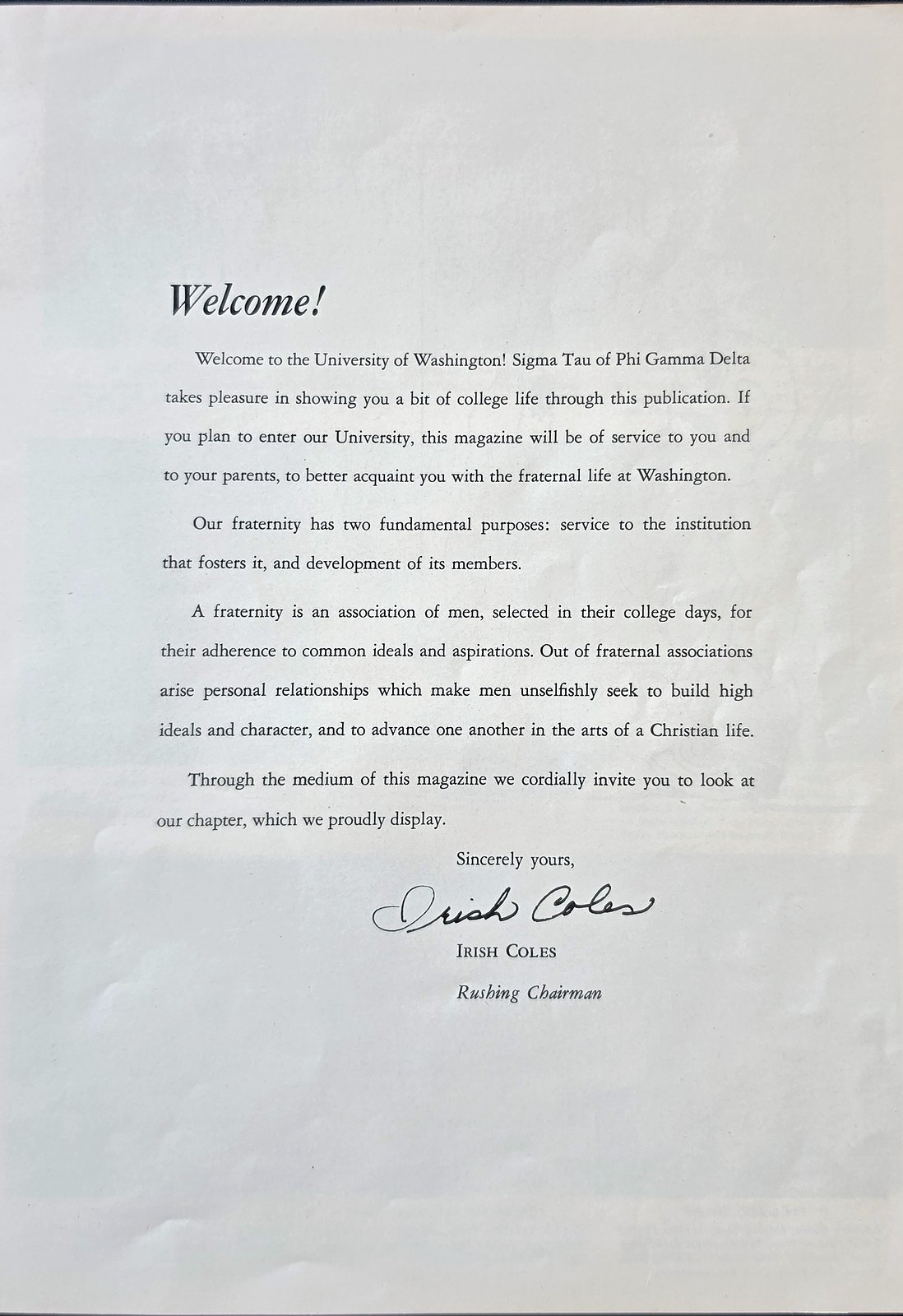 Printed page headed Welcome! with a four-paragraph letter signed Irish Coles, Rushing Chairman