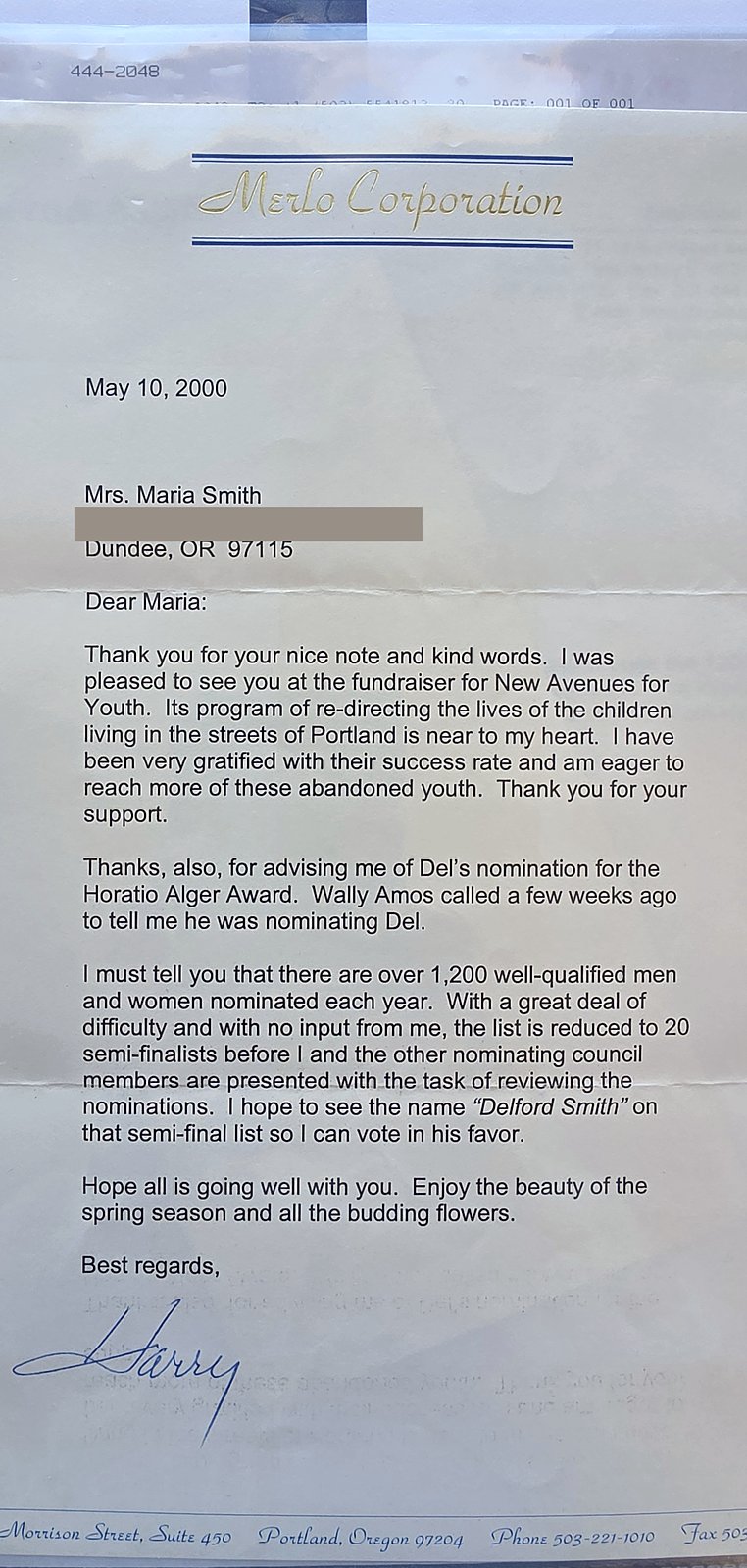 Typed letter on Merlo Corporation letterhead dated May 10, 2000, to Mrs. Maria Smith, Dundee, Oregon, signed Harry; the street address line is covered by a gray block