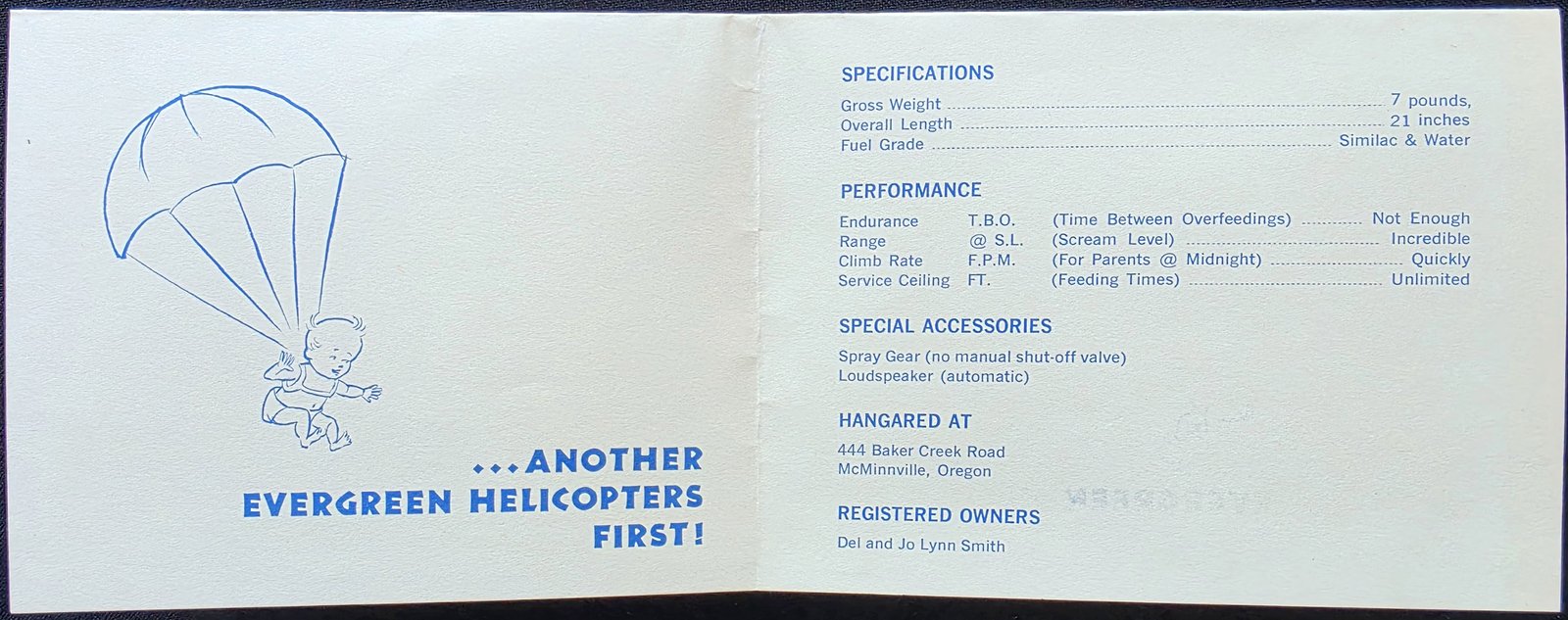 Inside of the folded birth announcement: a parachuting baby and the words Another Evergreen Helicopters First! beside Specifications, Performance, Special Accessories, Hangared At and Registered Owners
