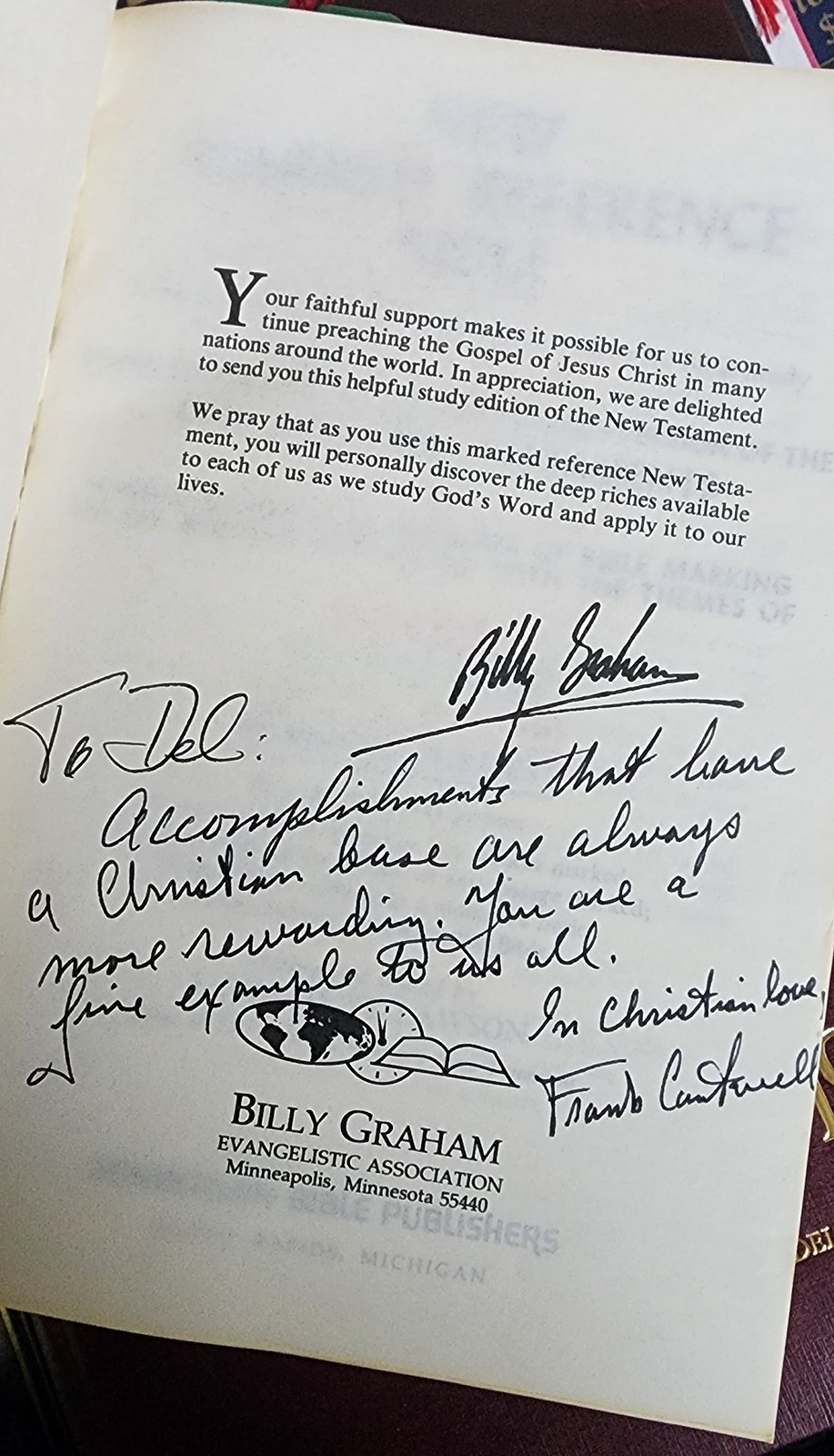 Billy Graham Evangelistic Association New Testament page with handwritten inscription To Del