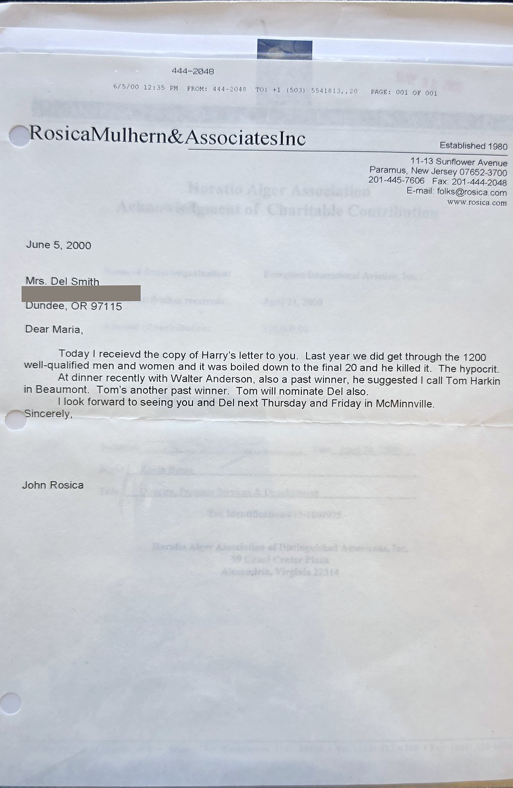 Faxed typed letter on Rosica Mulhern and Associates letterhead dated June 5, 2000, to Mrs. Del Smith, Dundee, Oregon, from John Rosica; the street address line is covered by a gray block