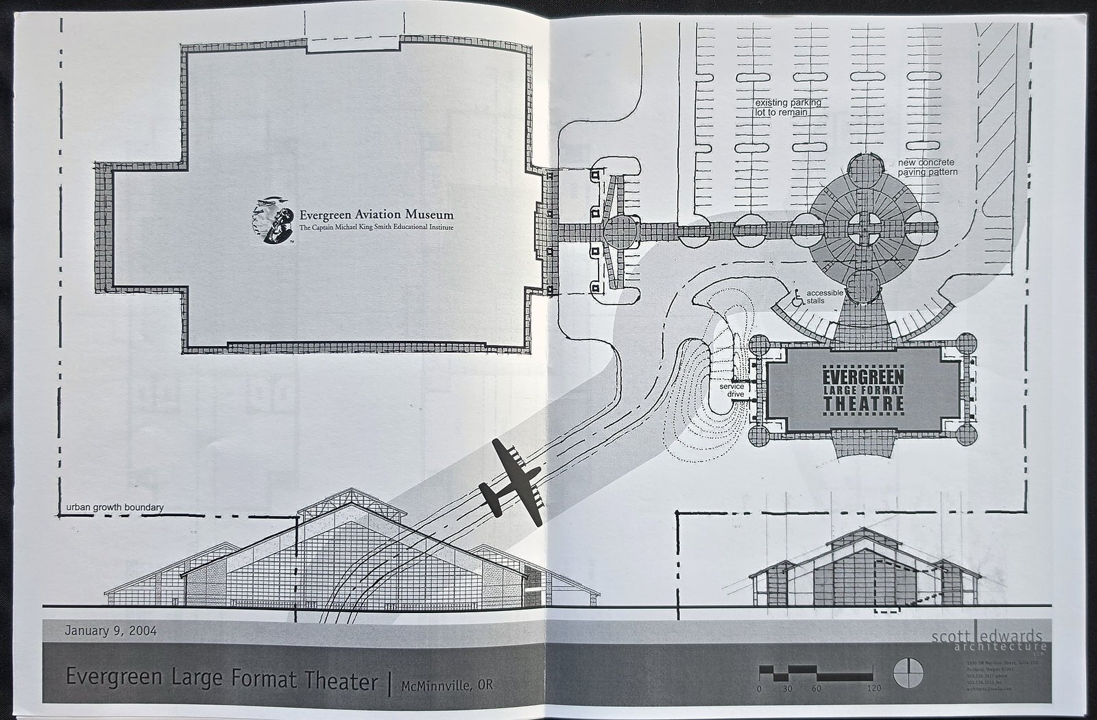 Site plan dated January 9, 2004, for the Evergreen Large Format Theater, showing the Evergreen Aviation Museum, a walkway to the new theater, and elevations of both buildings along the bottom