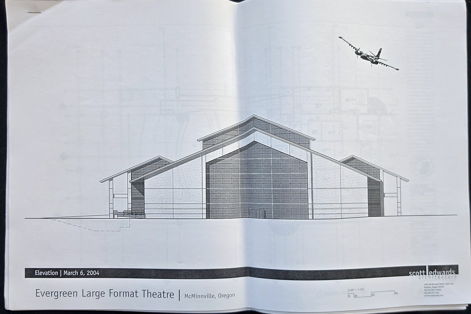 Elevation drawing dated March 6, 2004, of the Evergreen Large Format Theatre, a gabled building with a tall glazed center, with a vintage airplane drawn in the sky