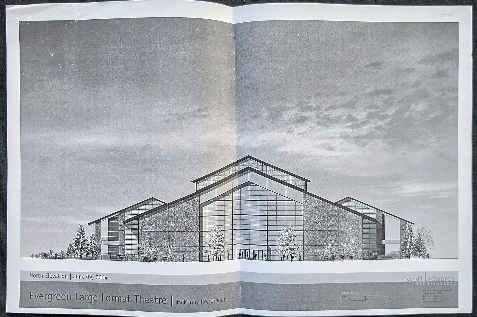 Rendered north elevation dated June 9, 2004, of the Evergreen Large Format Theatre, with a glazed central entrance, stone-textured wings, trees and small figures of people