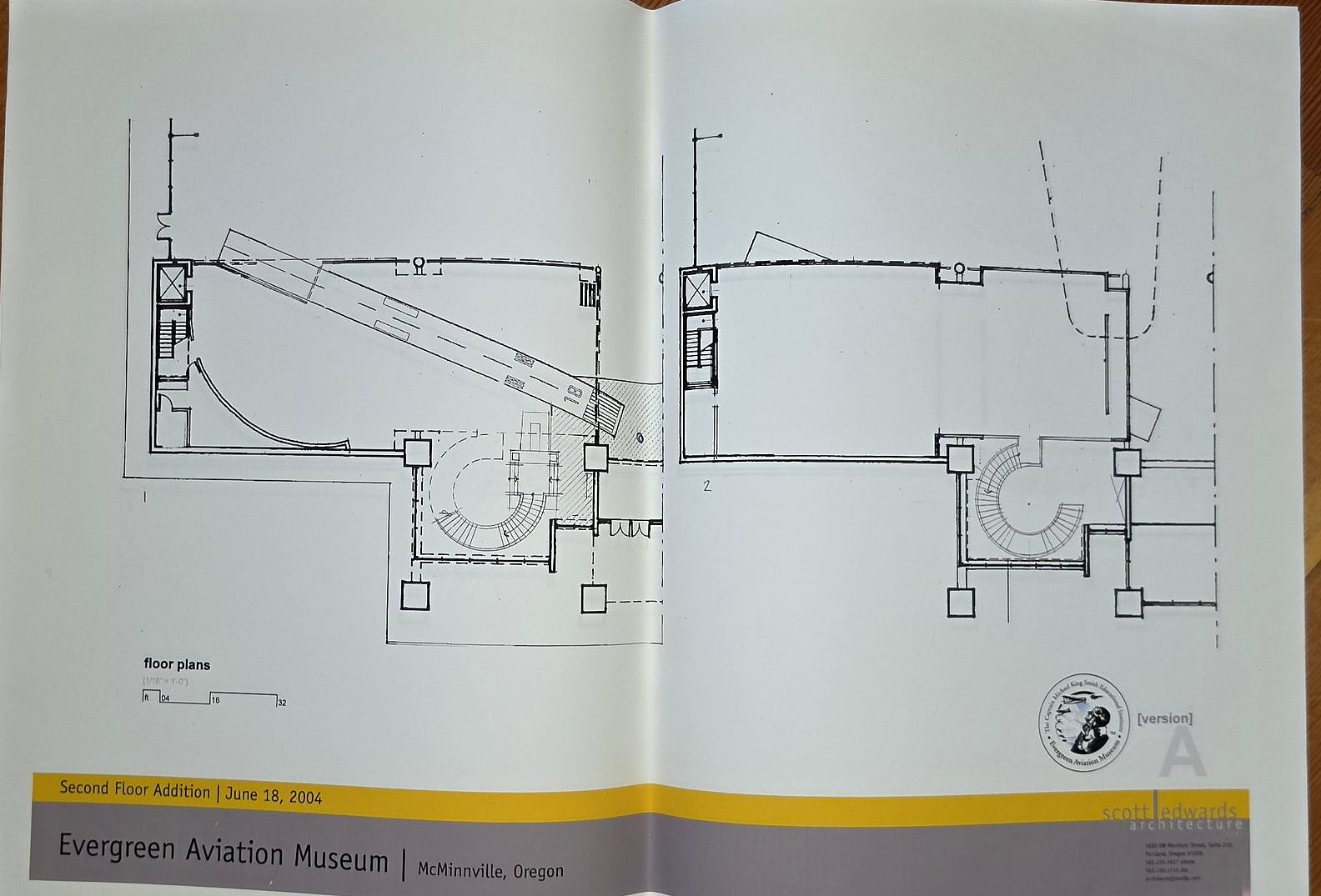 Bound booklet open to two floor plans, titled Second Floor Addition, June 18, 2004, Evergreen Aviation Museum, McMinnville, Oregon, with the Scott Edwards Architecture logo
