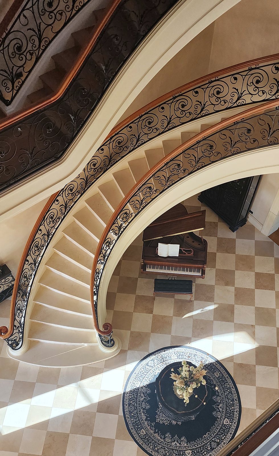 Curving staircase with wrought-iron railings seen from above
